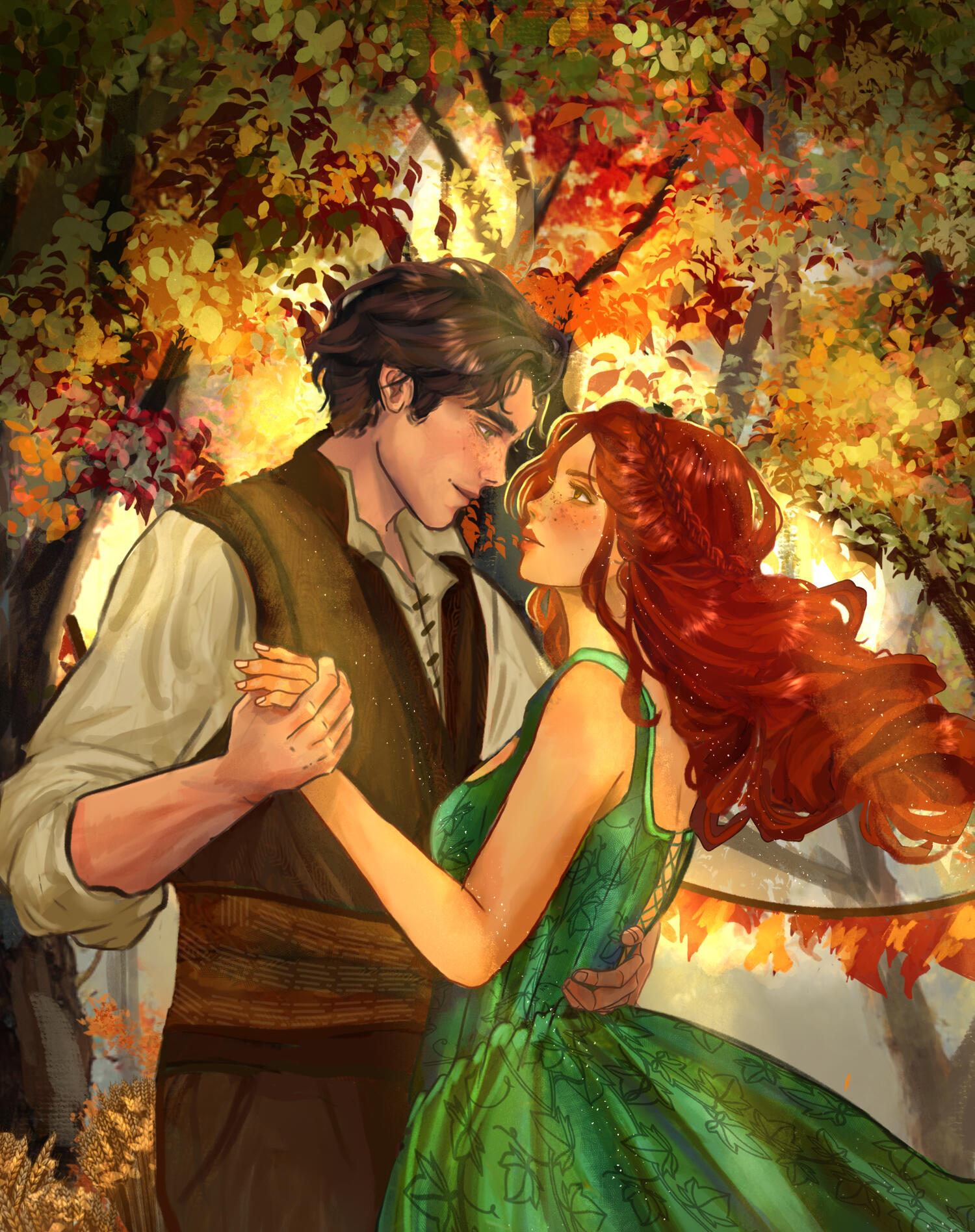 The main characters from Shadow Sword (a white man with brown hair and a white woman with red hair) dancing in a forest.